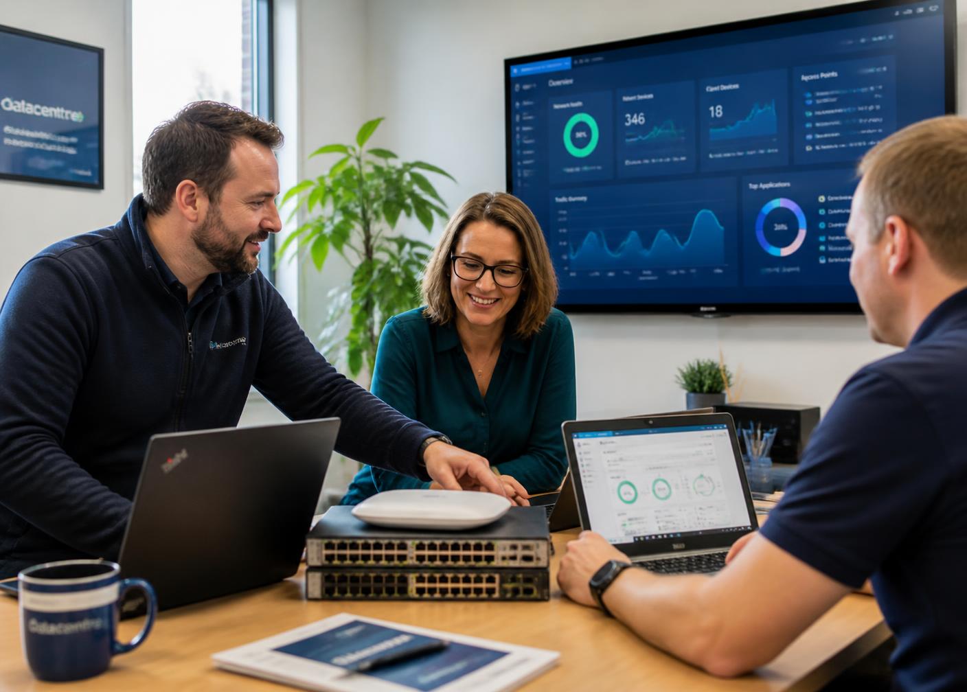 A small team reviewing network equipment and dashboards in an office